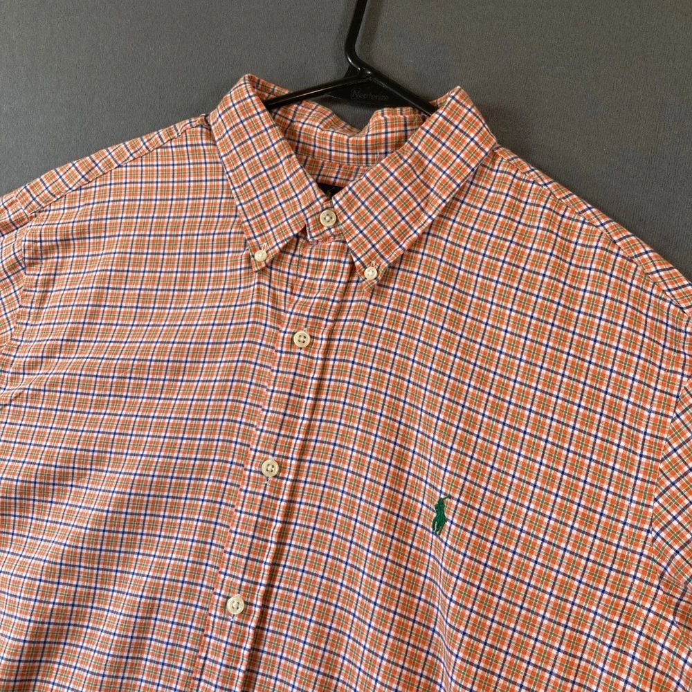Polo Ralph Lauren Mens XL Orange Blue Plaid Button Down Shirt Cotton Long Sleeve